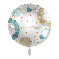 Balão Foil Redondo Feliz Aniversário Golden Blue 43cm