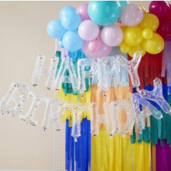 Balão Grinalda Happy Birthday Transparente com Confettis Rainbow